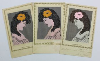 Art Nouveau, Lady's head with flower, varieties, U.S.A. publisher   (3)