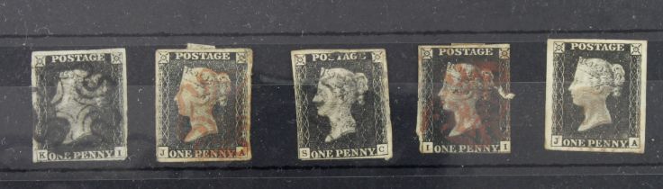 GB - 1840 Penny Blacks used, spacefillers. K-I, J-A, S-C, I-I, J-A. All with faults, sold as seen (