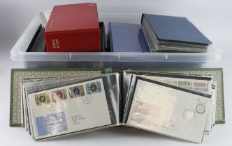 Large crate of GB FDC's in several albums, many Bureau postmarks on P.O. covers. (approx 550)