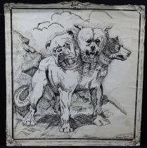 Political interest. A political pen & ink illustration depicting a three headed dog, each of their