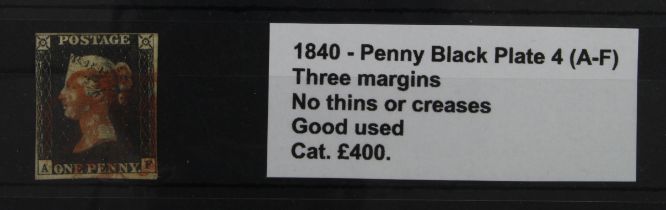 GB - 1840 Penny Black Plate 4 (A-F) three margins, no thins or creases, good used, cat £400