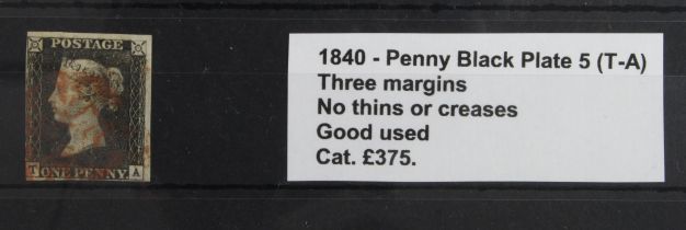 GB - 1840 Penny Black Plate 5 (T-A) three margins, no thins or creases, good used, cat £375