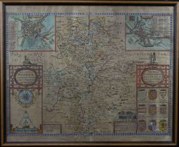 Speed (John). Hand coloured engraved map 'The Counti of Warwick the Shire Towne and Citie of