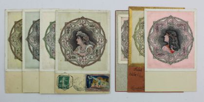 Art Nouveau, La Musique, La Dance, La Comedie, Lady's heads with different background colours, rare