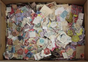 GB - shoebox of used QV off paper kiloware. Useful lot in quantity, with values to 1/- seen. A