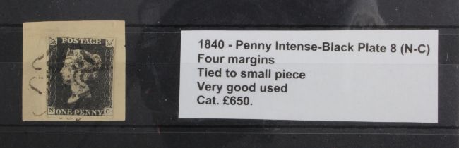 GB - 1840 Penny Intense-Black Plate 8 (N-C) four margins, tied to small piece, very good used,