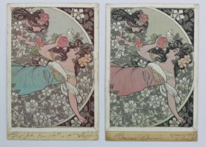 Art Nouveau, Dans les fleurs, two colour varieties, French publisher, rare   (2)