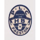 Beer label, Preston Lancashire Clubs, 'H.B' (Home Brew), vertical oval label, approx 87mm high (
