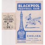 Football programme & ticket, Blackpool v Chelsea, 12 December 1959, Division 1 (vg) plus ticket (vg)