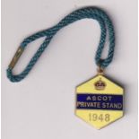 Horseracing, Royal Ascot, enamel badge for Ascot Private Stand 1948, with original cord still