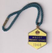 Horseracing, Royal Ascot, enamel badge for Ascot Private Stand 1948, with original cord still