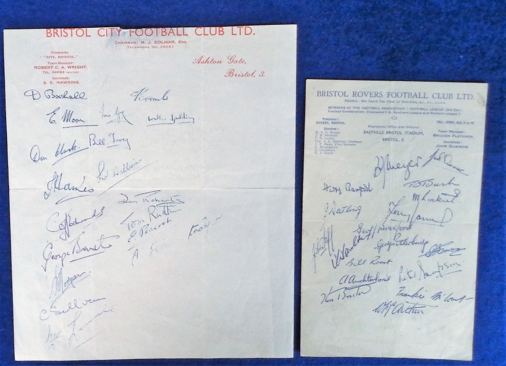 Football autographs, Bristol City & Bristol Rovers, two sets of signatures, 1948/9, both on original