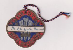 Horseracing, Royal Ascot, a card Royal Enclosure badge for 1899, made out to Sir Willoughby Maycock,