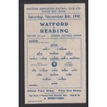 Football programme, Watford v Reading, 8 November 1941, London War League, single sheet (gd) (1)