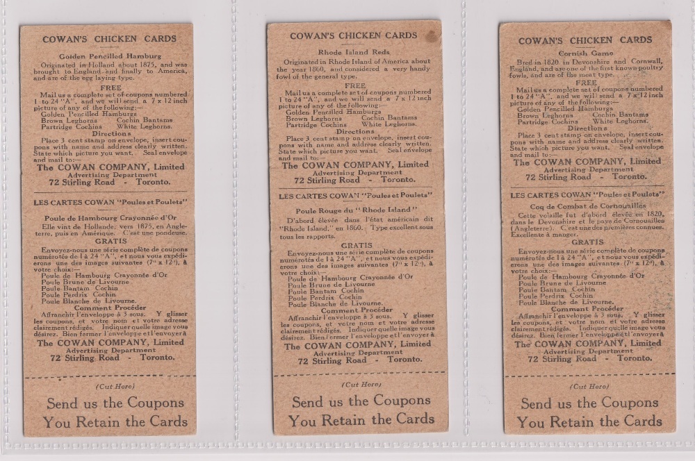 Trade cards, Canada, Cowan's, Canadian Bird Series (10/24, fair/gd), Chicken Cards (14/24, - Image 10 of 24