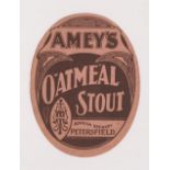 Beer label, Amey's, Borough Brewery Petersfield, Oatmeal Stout, vertical oval approx 91 mm high (