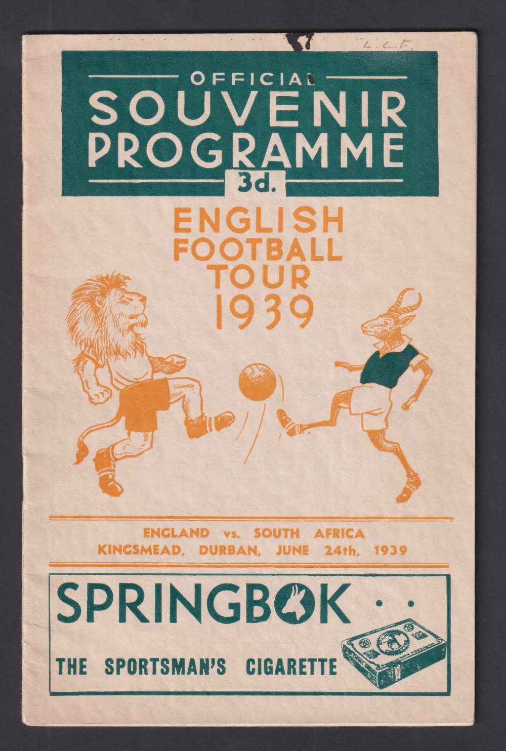 Football programme / autographs, South Africa v England, 24 June 1939, played at Kingsmead,