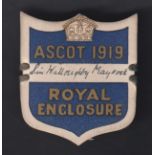 Horseracing, Royal Ascot, a card Royal Enclosure badge for 1919, made out to Sir Willoughby Maycock,