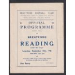 Football programme, Brentford v Reading, 13 September, 1941, 4 pages (gd) (1)