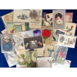 Postcards, 36 novelty postcards to include decoupage, feather, hair, ribbon, silk, embroidered