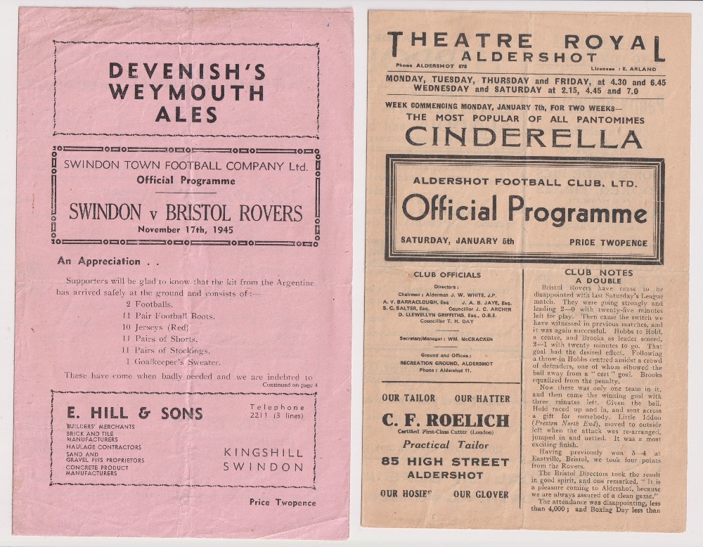 Football programmes, Aldershot v Plymouth Argyle 5 January 1946 FA Cup & Swindon v Bristol Rovers 17