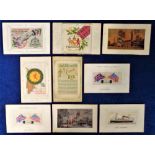 Postcards, Silks, a collection of 9 woven silk cards inc. Scottish National Exhibition Glasgow