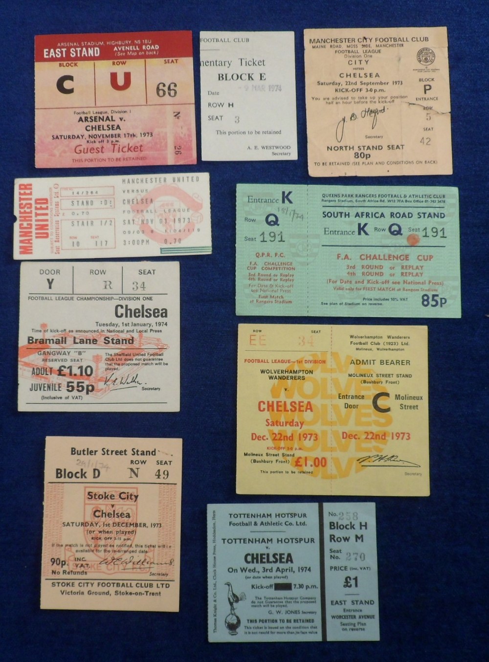 Football tickets, Chelsea FC, a collection of 9 away match tickets for 1973/74 Season, for games v