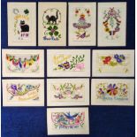 Postcards, Silks, a collection of 11 embroidered silks, inc. flowers, flags, greetings, military (