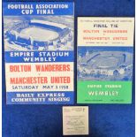 Football, FAC Final 1958, Bolton Wanderers v Manchester Utd, programme, match ticket & song sheet (