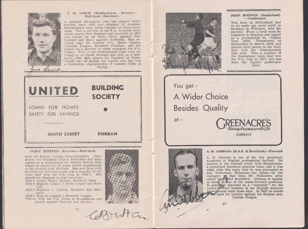 Football programme / autographs, South Africa v England, 24 June 1939, played at Kingsmead, - Image 2 of 3