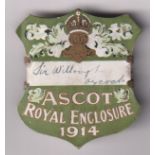 Horseracing, Royal Ascot, a card Royal Enclosure badge for 1914, made out to Sir Willoughby Maycock,