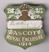Horseracing, Royal Ascot, a card Royal Enclosure badge for 1914, made out to Sir Willoughby Maycock,