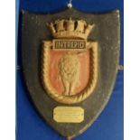 Shield, large heavy wooden shield bearing a lion motif and the words 'Intrepid Presented By The