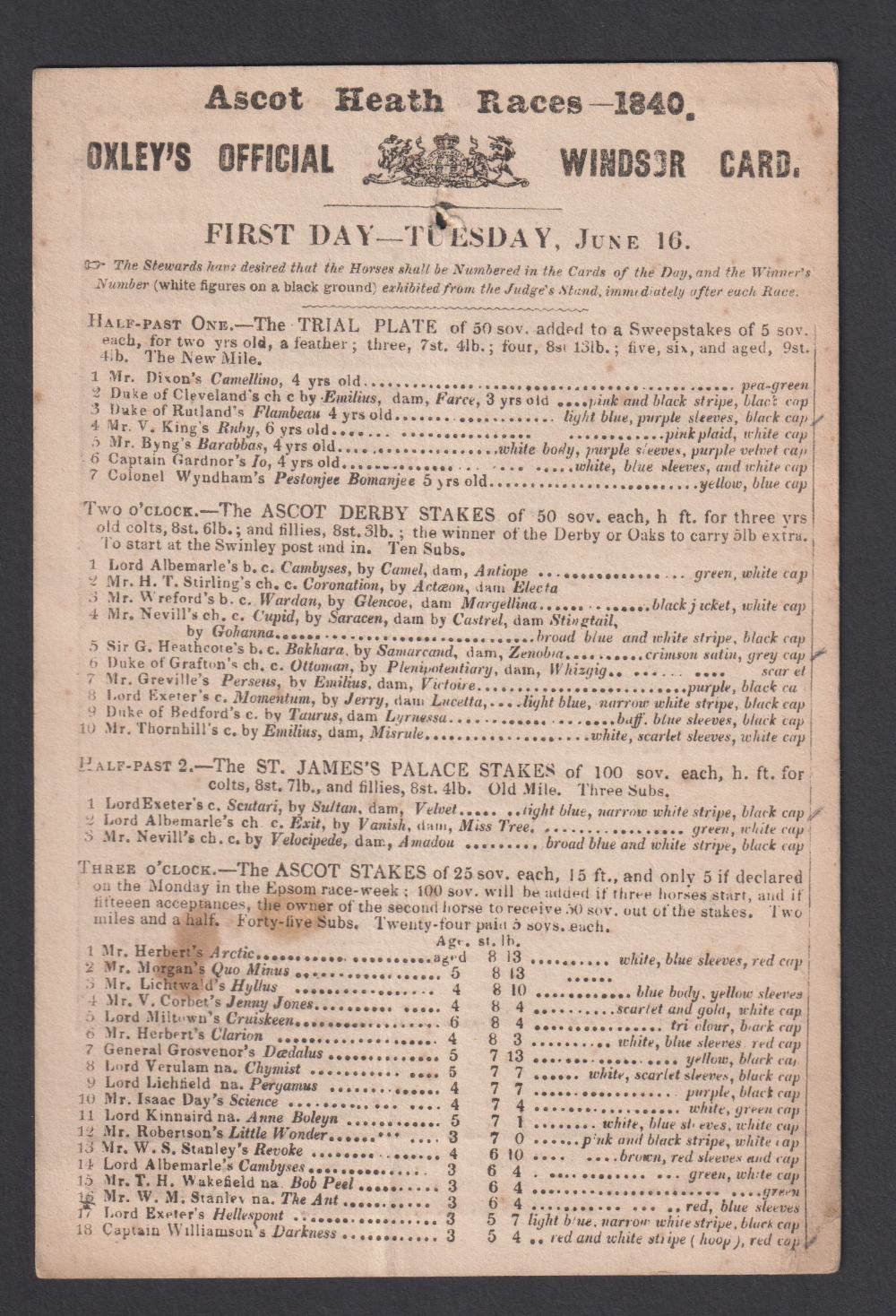 Horseracing, Royal Ascot, Racecard for 16 June 1840 including St James's Palace Stakes, won by