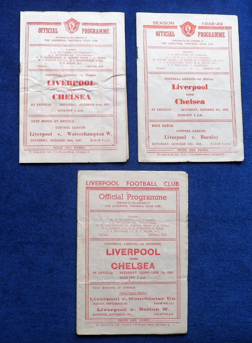 Football programmes, Liverpool v Chelsea, three programmes, 1946/7, 47/8 & 48/9, Sept 1946 (sl