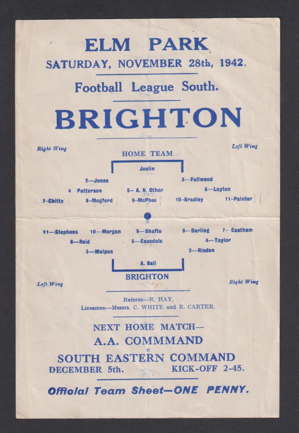 Football programme, Reading v Brighton, 28 November, 1942, FLS, single sheet (gd) (1)