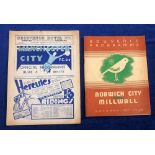 Football programmes, 2 Millwall Pre-war away programmes v Manchester City 17 Sept 1938 Division