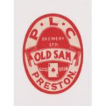 Beer label, Preston Lancashire Clubs, 'Old Sam' vertical oval label, approx 87mm high (vg) (1)