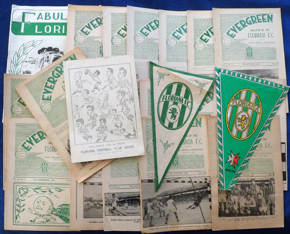 Football memorabilia, Floriana FC, Malta, selection 1949/50 to 1959/60 inc. 20 programmes, noted