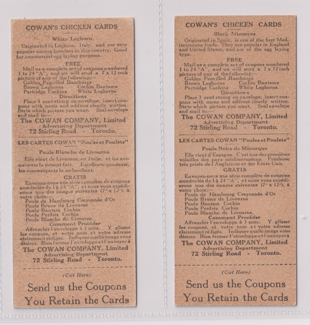 Trade cards, Canada, Cowan's, Canadian Bird Series (10/24, fair/gd), Chicken Cards (14/24, - Image 18 of 24