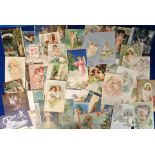 Postcards, Greetings, a selection of approx. 100 cards, with many embossed, mostly showing children,