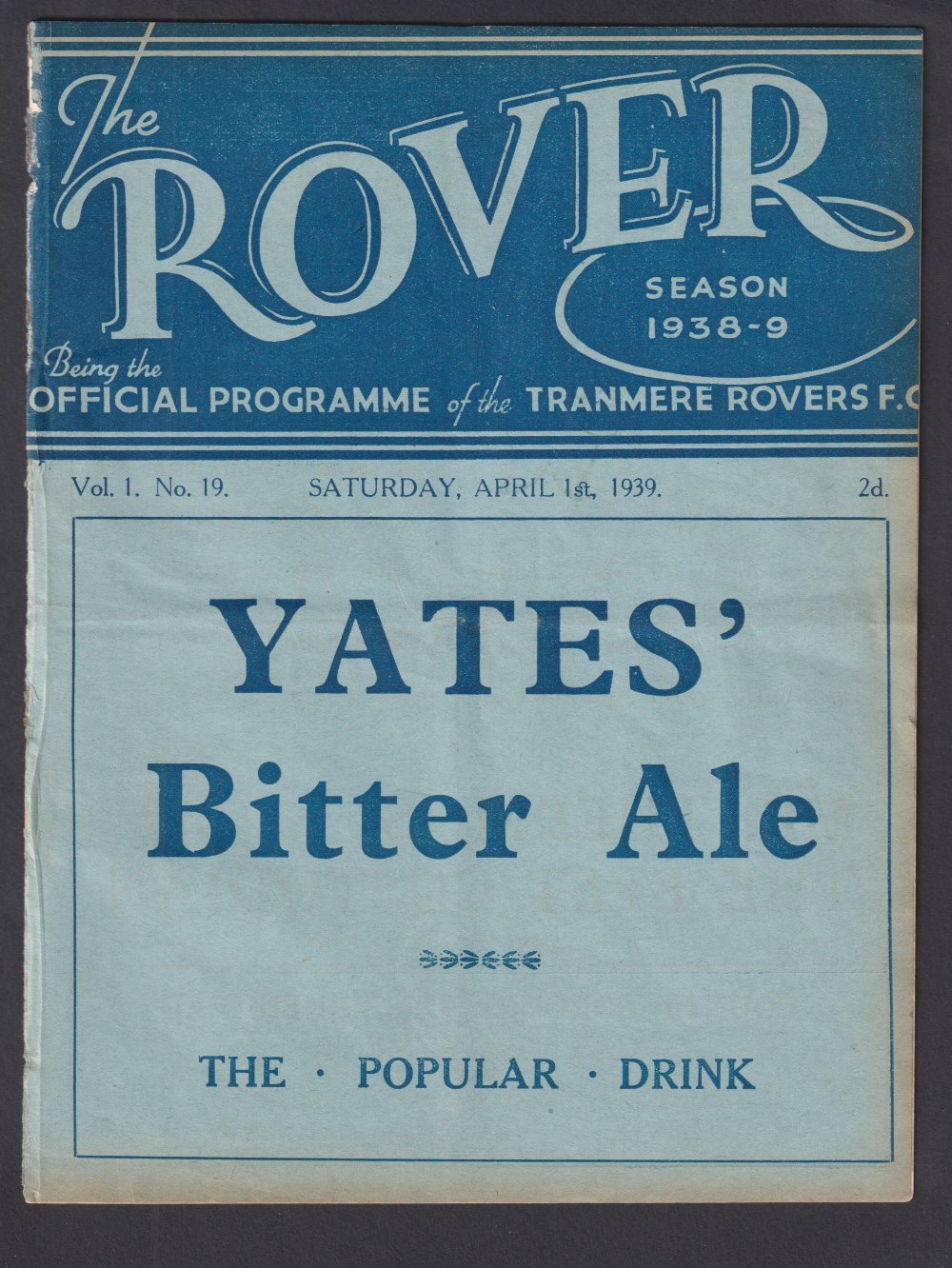 Football programme, Tranmere Rovers v Burnley, 1st April, 1939, Division 2, ex-binder (very slight