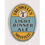 Beer label, Truswell's, Sheffield, Light Dinner Ale, vertical oval, approx 81mm high (vg) (1)