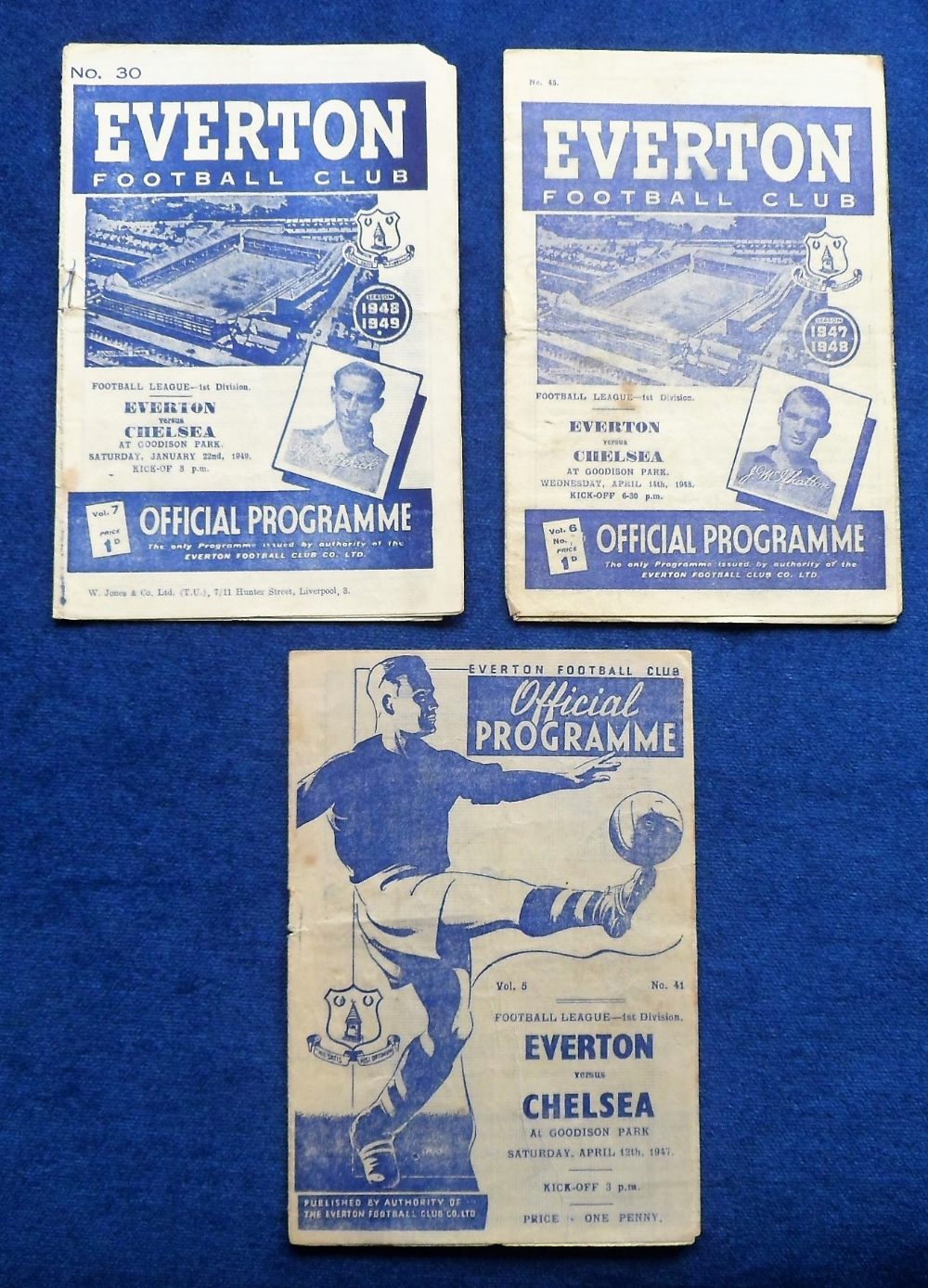 Football programmes, Everton v Chelsea, three programmes, 1946/7, 47/8 & 48/9, 12 April 1947 (slight