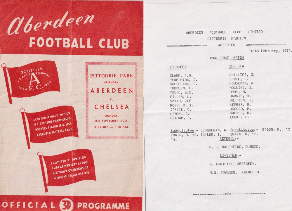 Football programmes, Aberdeen v Chelsea, two friendly match programmes, 26 April 1955 & 11