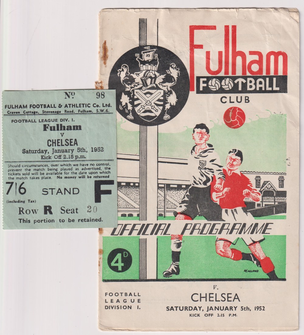 Football programme & ticket, Fulham v Chelsea, 5 January 1952, Division 1 (rs, sl cr) plus ticket (