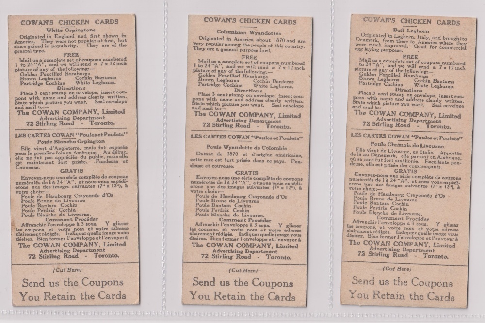 Trade cards, Canada, Cowan's, Canadian Bird Series (10/24, fair/gd), Chicken Cards (14/24, - Image 22 of 24