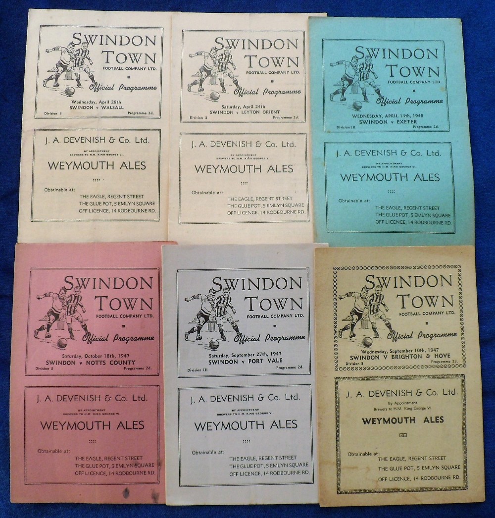 Football programmes, Swindon Town homes, 6 programmes all 1946/7 v Brighton, Port Vale, Notts