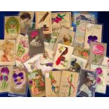 Postcards, 36 novelty postcards to include hair, padded, decoupage, feather, ribbon etc. (gen gd)