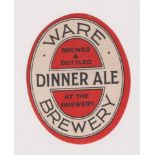 Beer label, Ware Brewery, a Dinner Ale vertical oval, approx 68mm high (vg) (1)